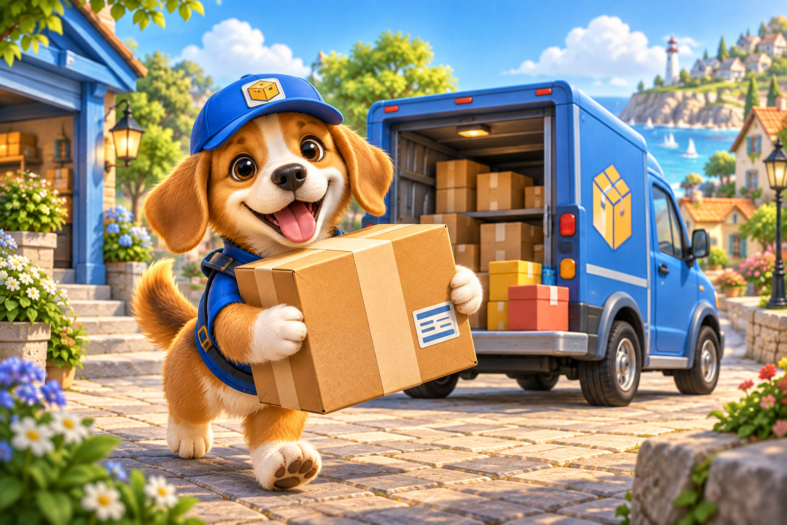 A happy dog courier carrying a large parcel beside a blue delivery truck filled with packages